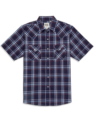 Ely and Walker Mens Plaid Western Snap Navy Poly/Cotton S/S Shirt