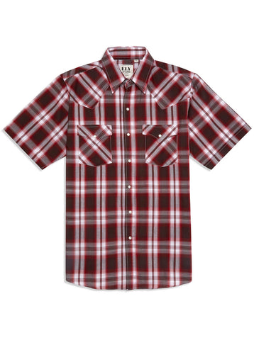 Ely and Walker Mens Plaid Western Snap Wine Poly/Cotton S/S Shirt