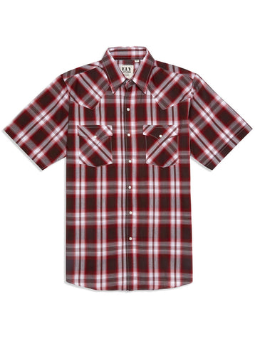 Ely and Walker Mens Plaid Western Snap Wine Poly/Cotton S/S Shirt