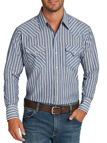 Ely and Walker Mens Stripe Western Snap Blue Poly/Cotton L/S Shirt