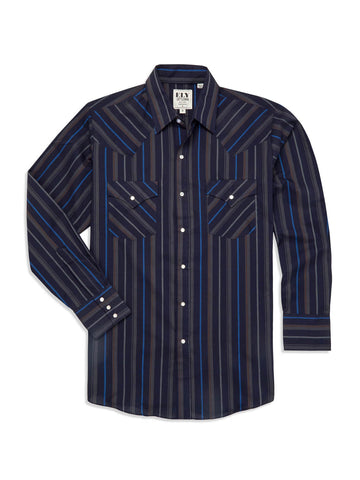 Ely and Walker Mens Stripe Western Snap Navy Poly/Cotton L/S Shirt