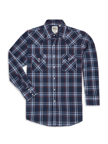 Ely and Walker Mens Plaid Western Snap Navy Poly/Cotton L/S Shirt XLT