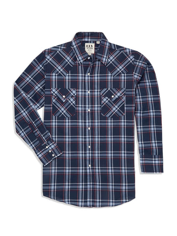 Ely and Walker Mens Plaid Western Snap Navy Poly/Cotton L/S Shirt