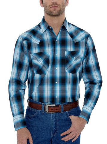 Ely and Walker Mens Plaid Western Snap Turquoise Poly/Cotton L/S Shirt