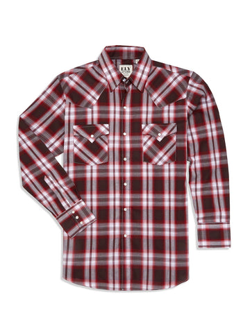Ely and Walker Mens Plaid Western Snap Wine Poly/Cotton L/S Shirt