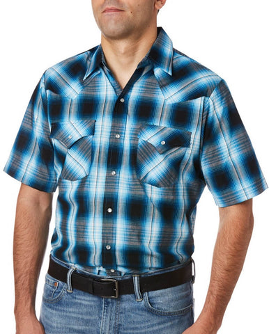 Ely and Walker Mens Plaid Western Snap Turquoise Poly/Cotton S/S Shirt