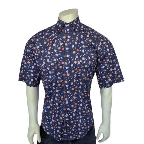 Rockmount Mens Solar System Print Navy 100% Cotton S/S Shirt