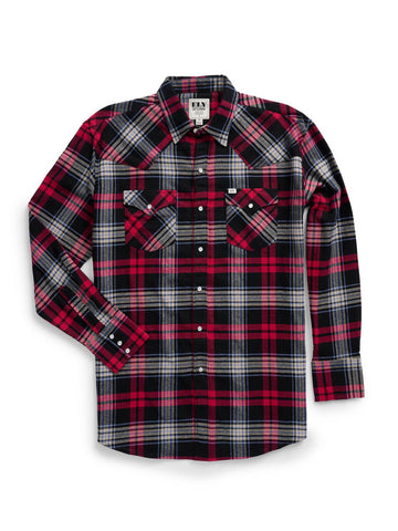 Ely and Walker Mens Western Plaid Flannel Black/Red 100% Cotton L/S Shirt