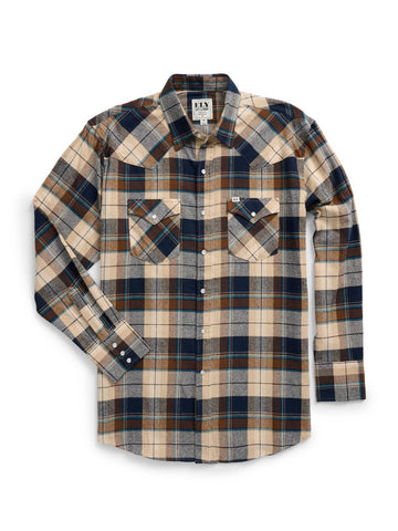 Ely and Walker Mens Western Plaid Flannel Natural/Blue 100% Cotton L/S Shirt