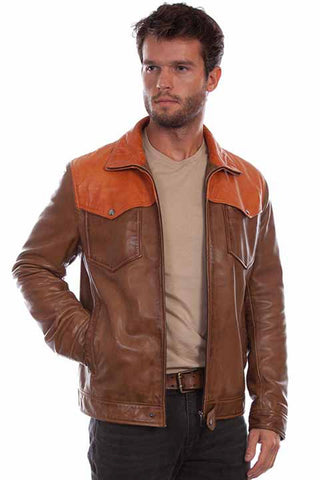 Scully Mens Western Contrast Saddle Tan Leather Leather Jacket