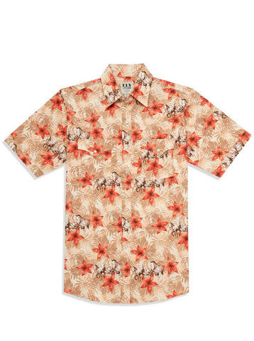 Ely and Walker Mens Hawaiian Horse Print Tan 100% Cotton S/S Shirt