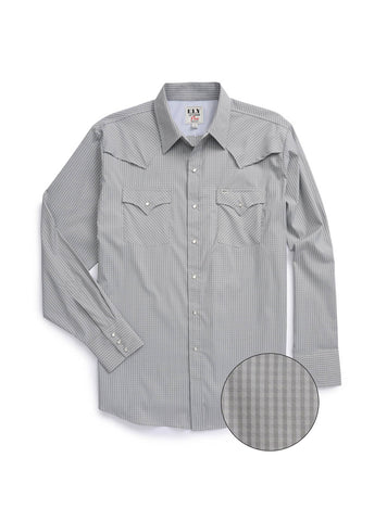 Ely and Walker Mens Check Vented Stretch Western Gray Poly/Nylon L/S Shirt