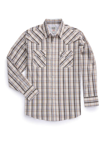 Ely and Walker Mens Plaid Vented Stretch Western Tan Poly/Nylon L/S Shirt