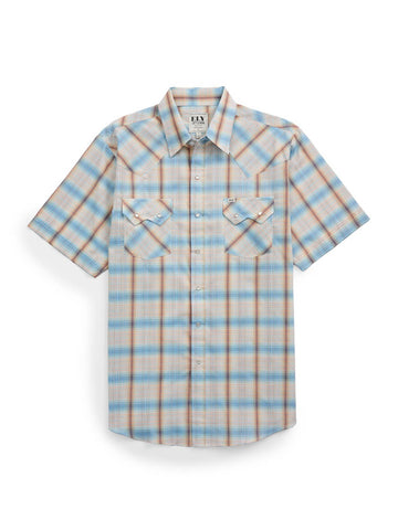 Ely and Walker Mens Western Plaid Snap Light Blue Poly/Cotton S/S Shirt