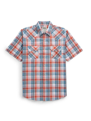 Ely and Walker Mens Western Plaid Snap Melon Poly/Cotton S/S Shirt