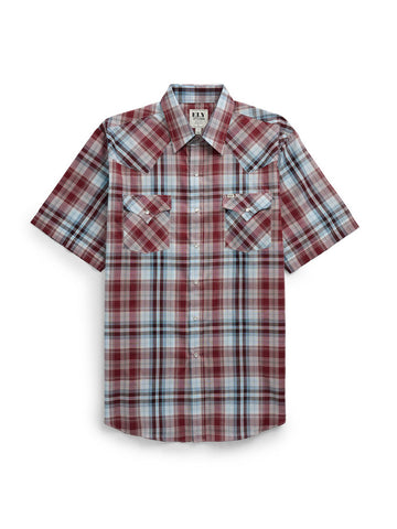 Ely and Walker Mens Western Plaid Snap Burgundy Poly/Cotton S/S Shirt