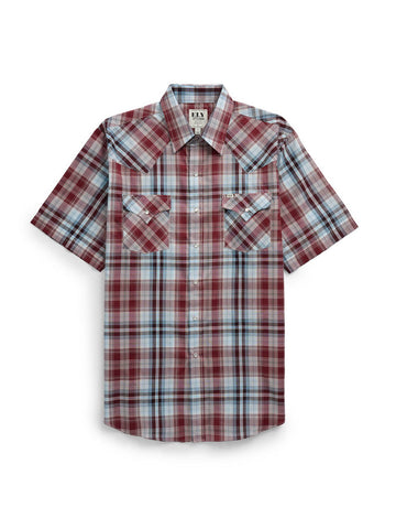 Ely and Walker Mens Western Plaid Snap Burgundy Poly/Cotton S/S Shirt