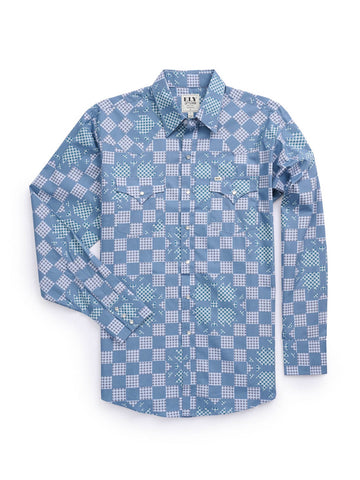 Ely and Walker Mens Checkered Patchwork Snap Denim Blue 100% Cotton L/S Shirt
