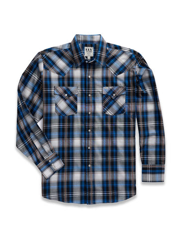 Ely and Walker Mens Western Textured Plaid Blue Poly/Cotton L/S Shirt