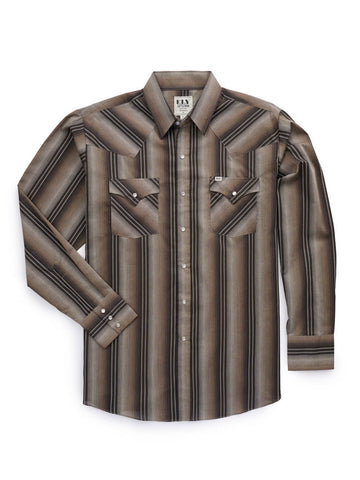 Ely and Walker Mens Western Textured Stripe Brown Poly/Cotton L/S Shirt
