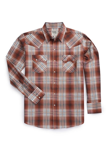 Ely and Walker Mens Western Textured Plaid Rust Poly/Cotton L/S Shirt
