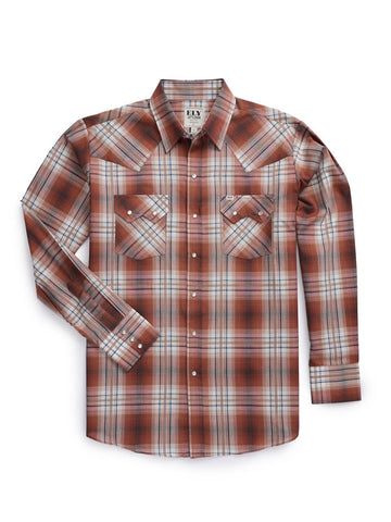 Ely and Walker Mens Western Textured Plaid Rust Poly/Cotton L/S Shirt