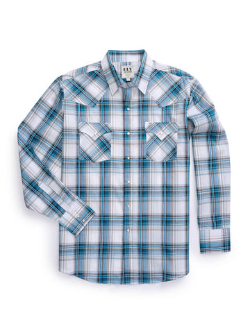 Ely and Walker Mens Textured Plaid Western White/Blue Poly/Cotton L/S Shirt