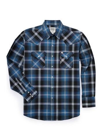 Ely and Walker Mens Textured Plaid Western Blue Poly/Cotton L/S Shirt