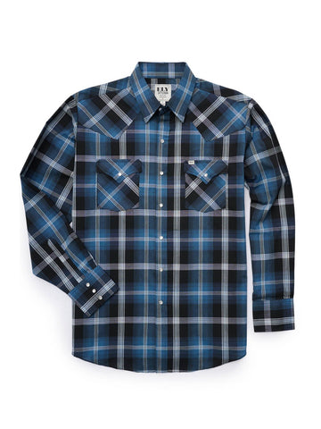Ely and Walker Mens Textured Plaid Western Blue Poly/Cotton L/S Shirt