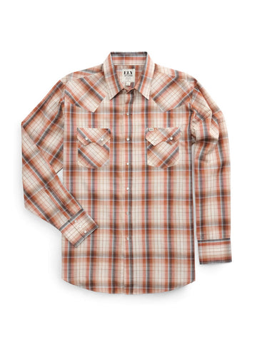 Ely and Walker Mens Textured Western Plaid Rust/Blue Poly/Cotton L/S Shirt