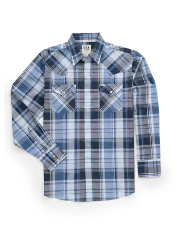 Ely and Walker Mens Western Textured Plaid Blue Poly/Cotton L/S Shirt