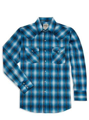 Ely and Walker Mens Metallic Thread Plaid Turquoise Poly/Cotton L/S Shirt