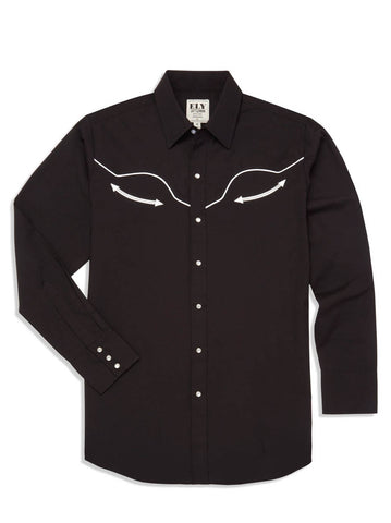 Ely and Walker Mens Retro Solid With Piping Black Poly/Cotton L/S Shirt