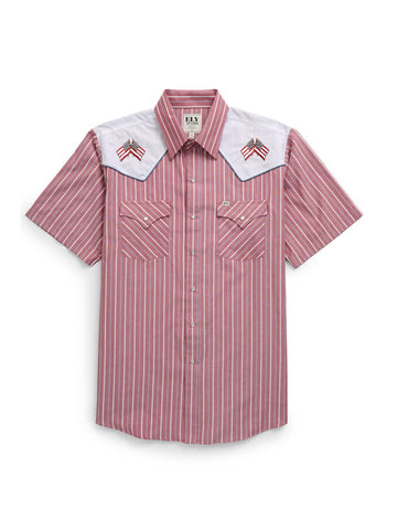 Ely and Walker Mens Western Flag Embroidery Red Poly/Cotton S/S Shirt