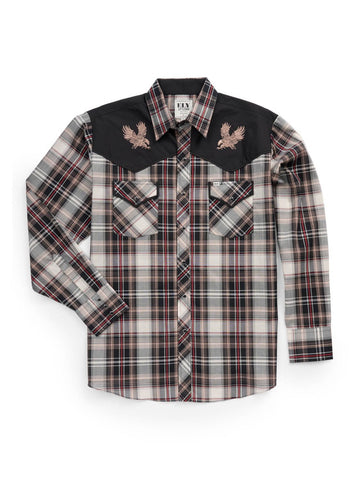 Ely and Walker Mens Eagle Embroidery Plaid Khaki Poly/Cotton L/S Shirt