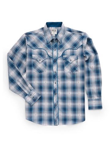 Ely and Walker Mens Retro Plaid Piping Blue Poly/Cotton L/S Shirt