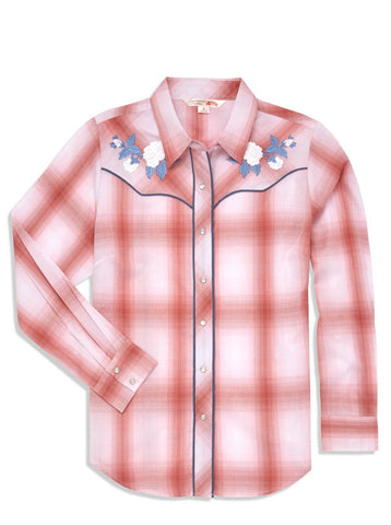 Ely and Walker Womens Rose Embroidery Plaid Pink Cotton Blend L/S Shirt
