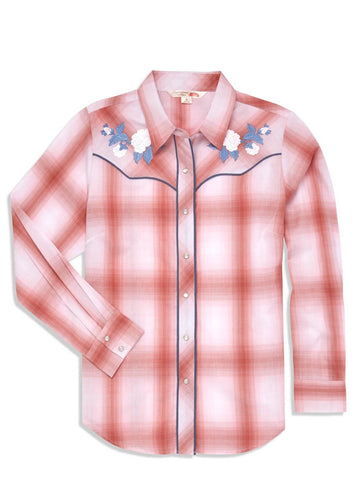 Ely and Walker Womens Rose Embroidery Plaid Pink Cotton Blend L/S Shirt