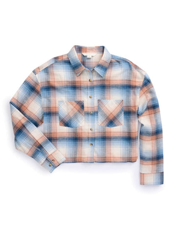 Ely and Walker Womens Cropped Boyfriend Flannel Sunset 100% Cotton L/S Shirt