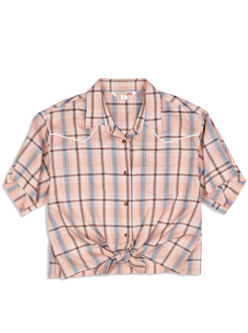 Ely and Walker Womens Western Plaid Tie-Front Peach Cotton Blend S/S Shirt