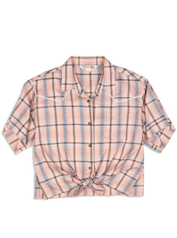 Ely and Walker Womens Western Plaid Tie-Front Peach Cotton Blend S/S Shirt