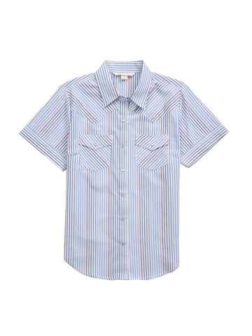 Ely and Walker Womens Multi Stripe Western White Poly/Cotton S/S Shirt