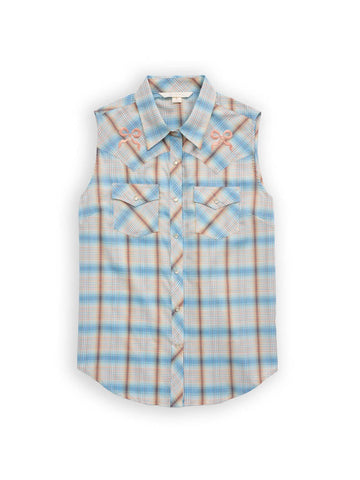 Ely and Walker Womens Bow Embroidery Plaid Light Blue Poly/Cotton S/L Shirt