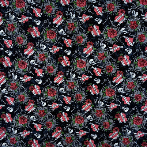 Rockmount Unisex Cowboy Skulls and Hearts Black 100% Cotton Bandana