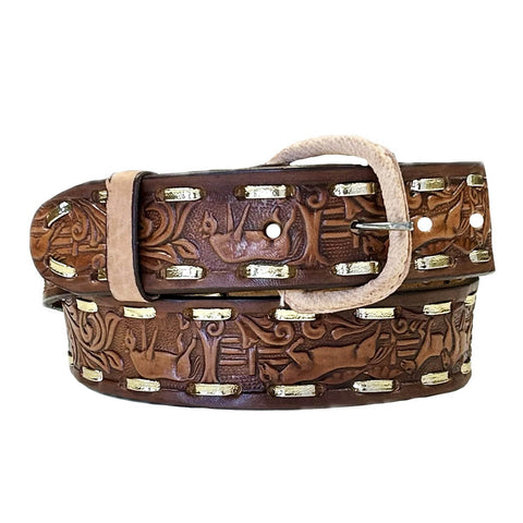 Rockmount Unisex Horse Tooled Laced Brown Leather Belt