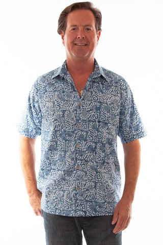 Scully Mens Batik Box Light Blue 100% Cotton S/S Shirt