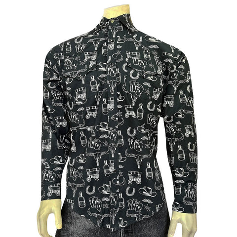 Rockmount Mens Hat and Horseshoe Cards Black 100% Cotton L/S Shirt