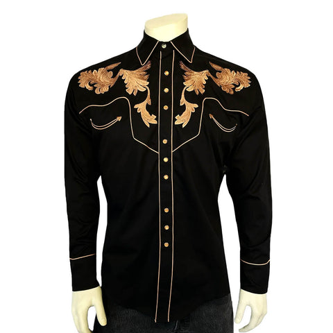 Rockmount Mens Vintage Leaf Tooling Black 100% Cotton L/S Shirt