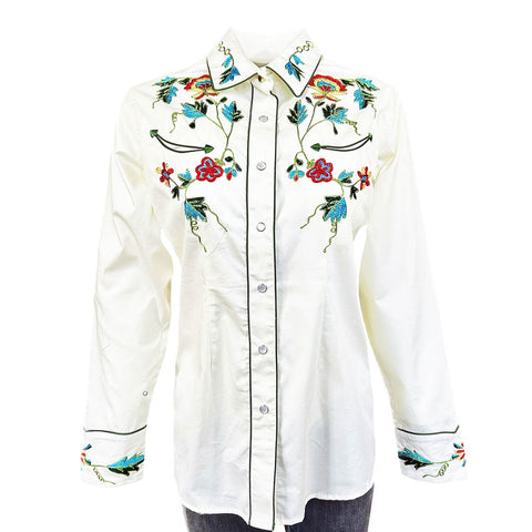 Rockmount Womens Floral Embroidered Western Ivory 100% Cotton L/S Shirt