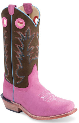 Old West Kids Girls Tall Height Embroidered Pink/Brown Leather Cowboy Boots